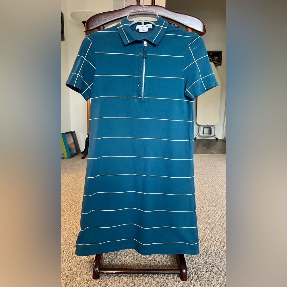 Lacoste Teal Polo short sleeve dress with white stripes, 100% cotton